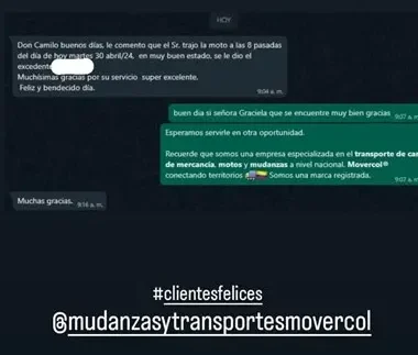 Testimonio envío de moto Movercol 2