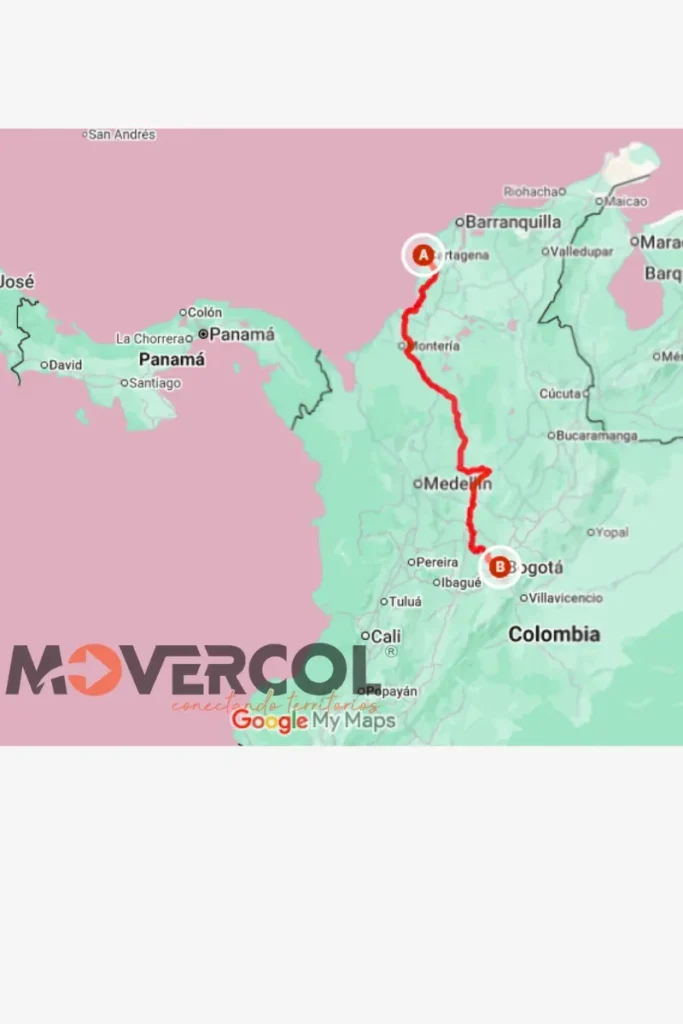 mapa de Cartagena a Bogotá para mudanzas con Movercol mapa de Cartagena a Bogotá para mudanzas con Movercol