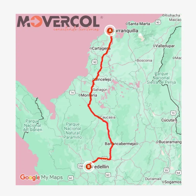 Ruta de Barranquilla a Medellín con Movercol